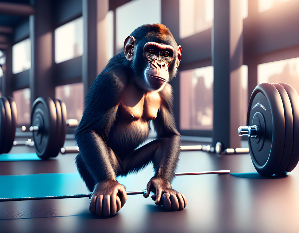 Chimpanzee in Gym with Dumbbell