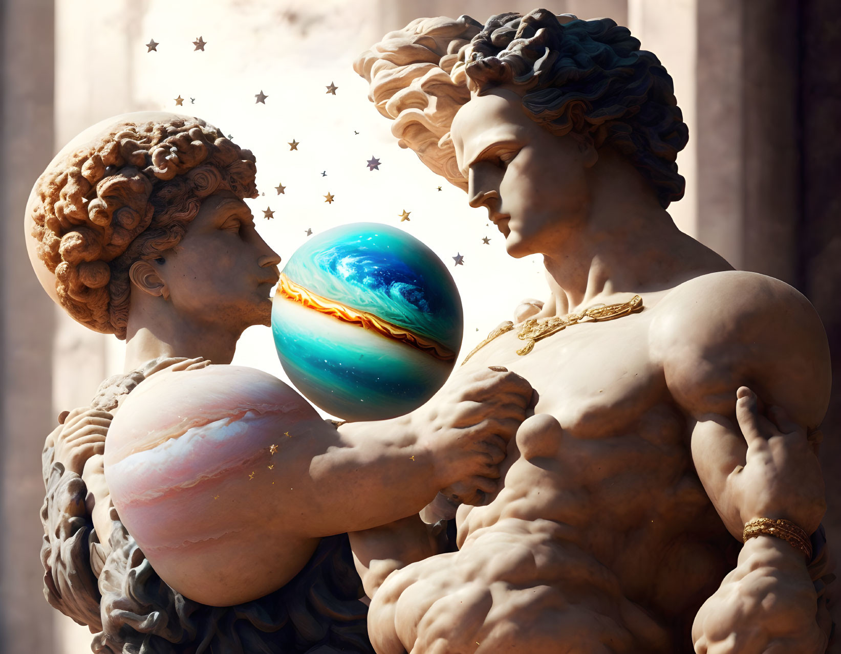 Classical sculptures with stylized planet and stars against architectural backdrop