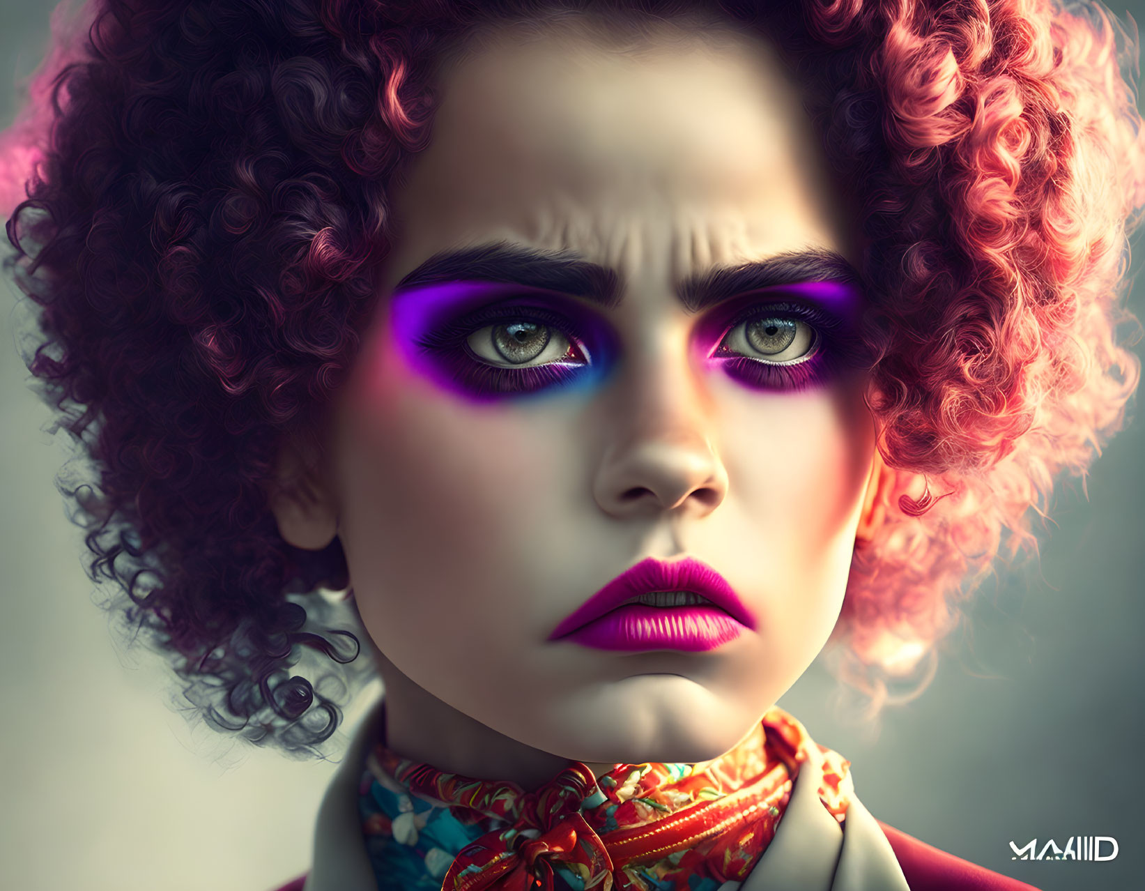 Intense gaze and colorful makeup portrait on neutral background