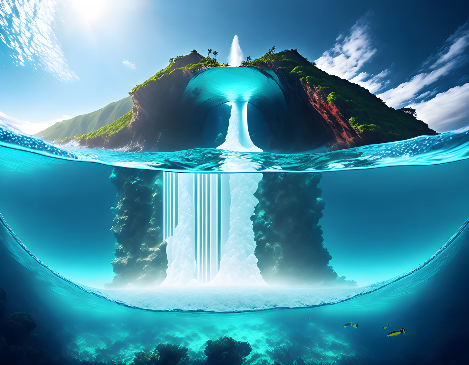 Split-view surreal island with cascading waterfalls in vibrant blue sky