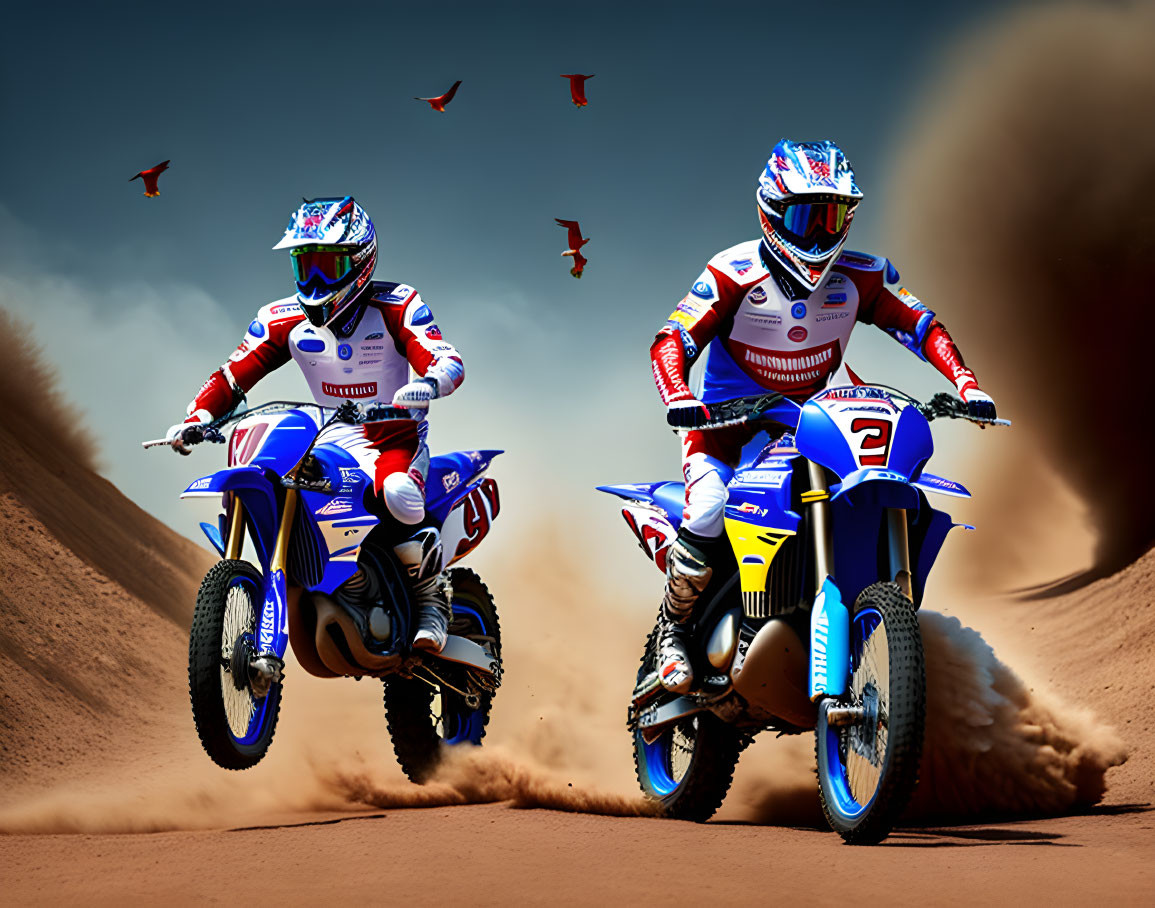 Motocross riders racing on dusty track with whirlwind and flying debris.