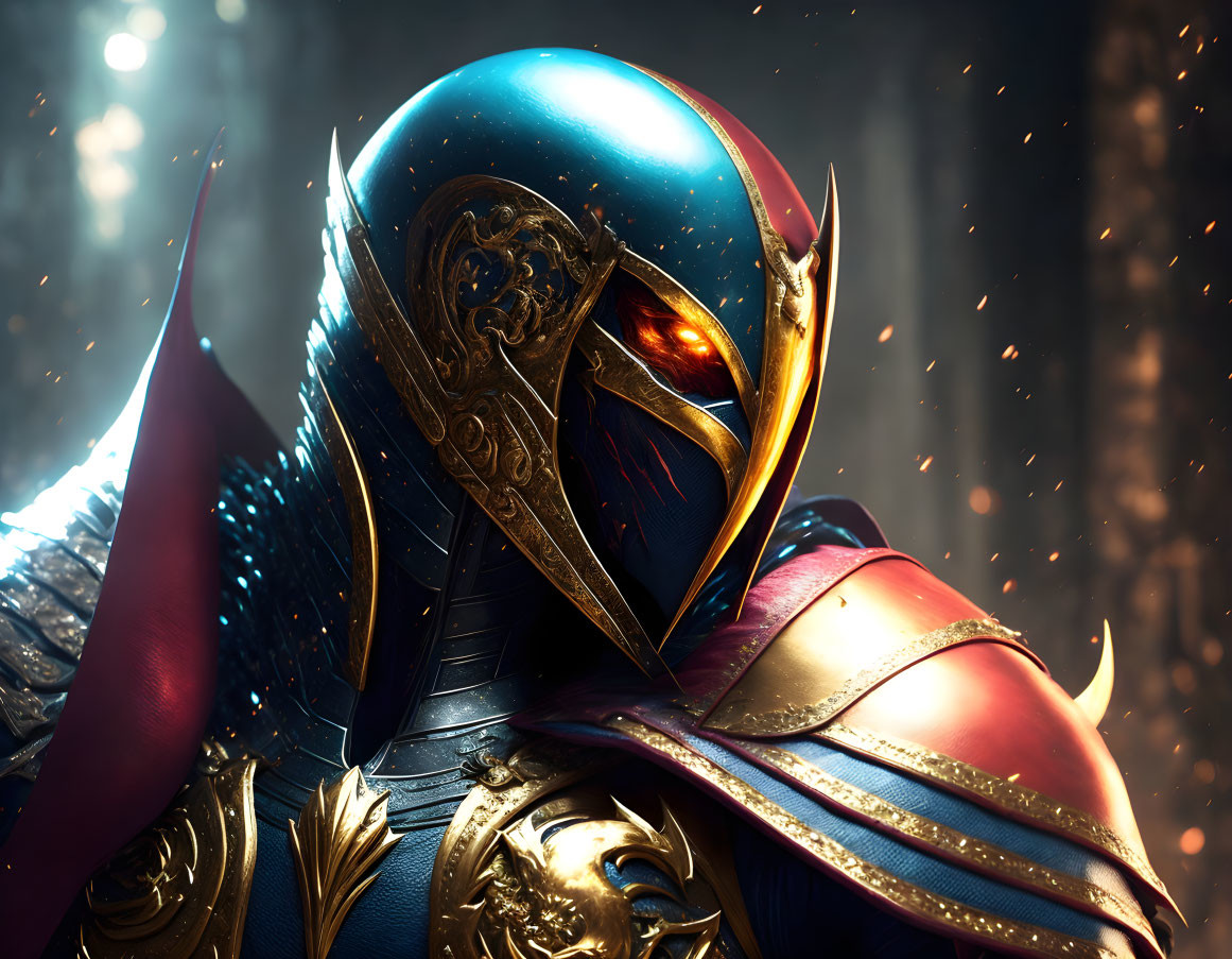 Detailed illustration: Ornate blue and red knight armor with glowing red eye slit helmet, amidst floating em