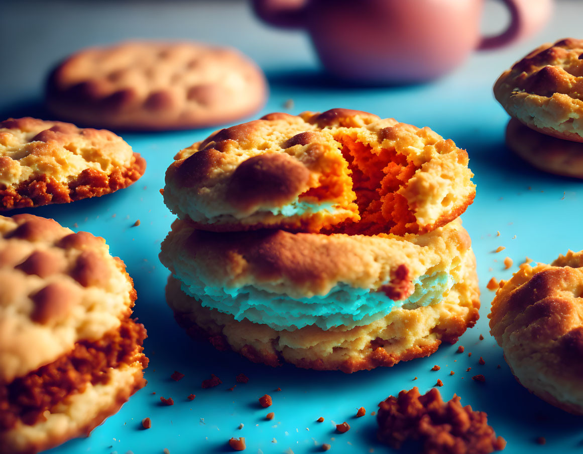 Stack of cookies with blue cream filling and crumbs, additional cookies and mug in background.