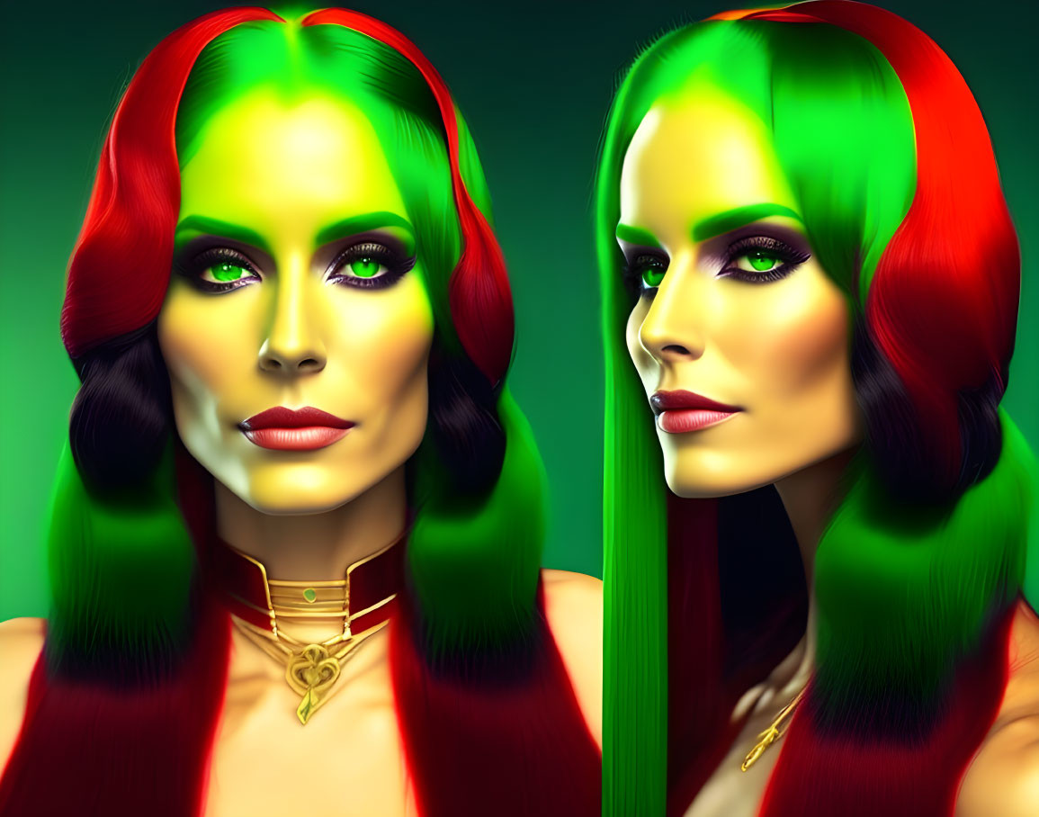 Symmetrical digital artwork of woman with split red and green hair on dark background