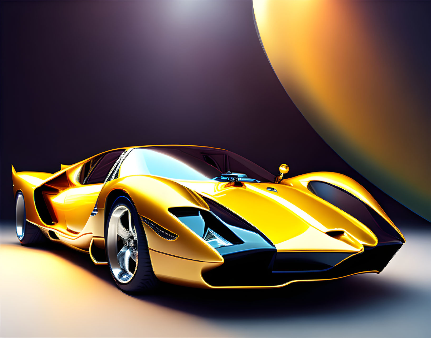 Yellow Futuristic Sports Car with Chrome Details under Dramatic Sky