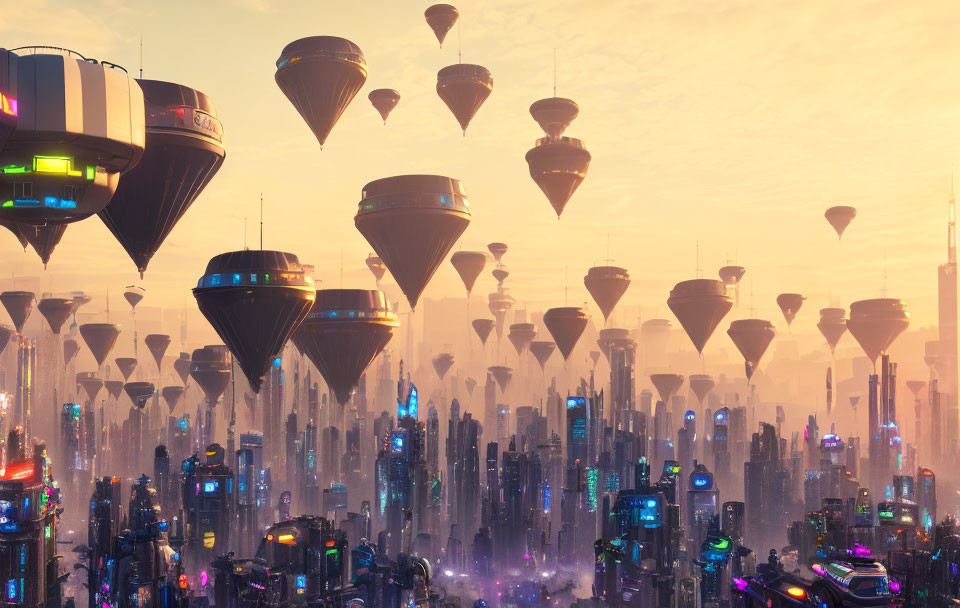 Futuristic cityscape at sunset with towering skyscrapers and floating structures