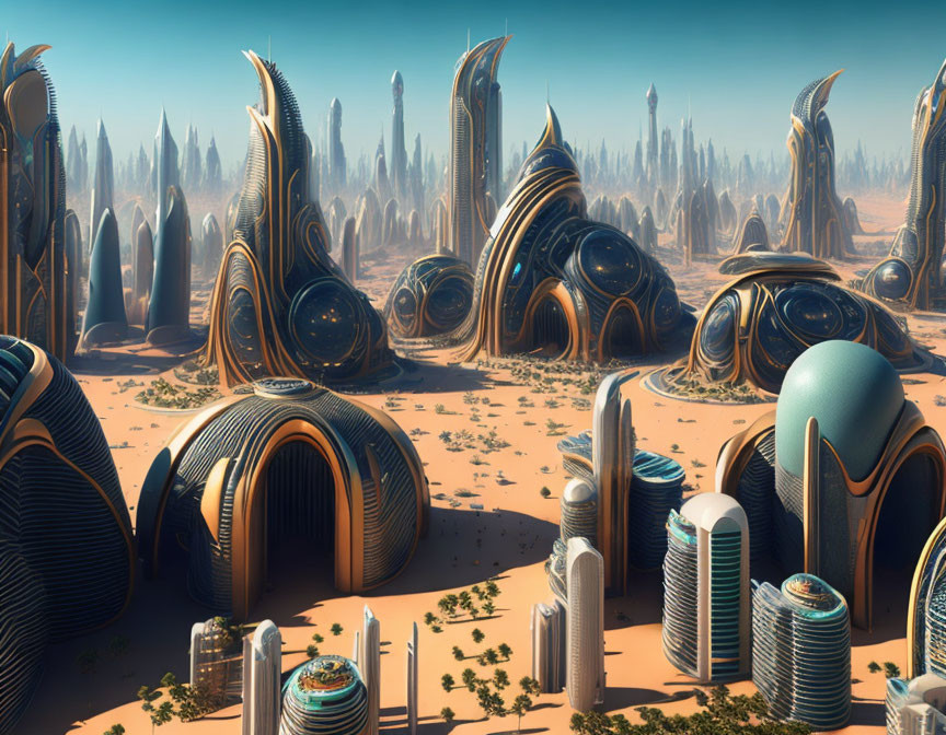 Futuristic desert cityscape with sleek, organic-shaped buildings