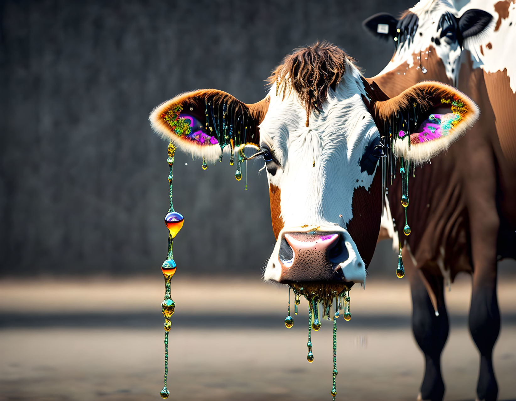 Colorful Paint Dripping on Cow's Horns in Blurred Background