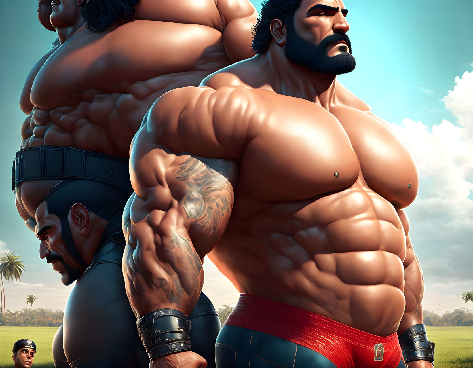 Exaggerated Muscular Animated Characters in Sunlit Warrior Scene