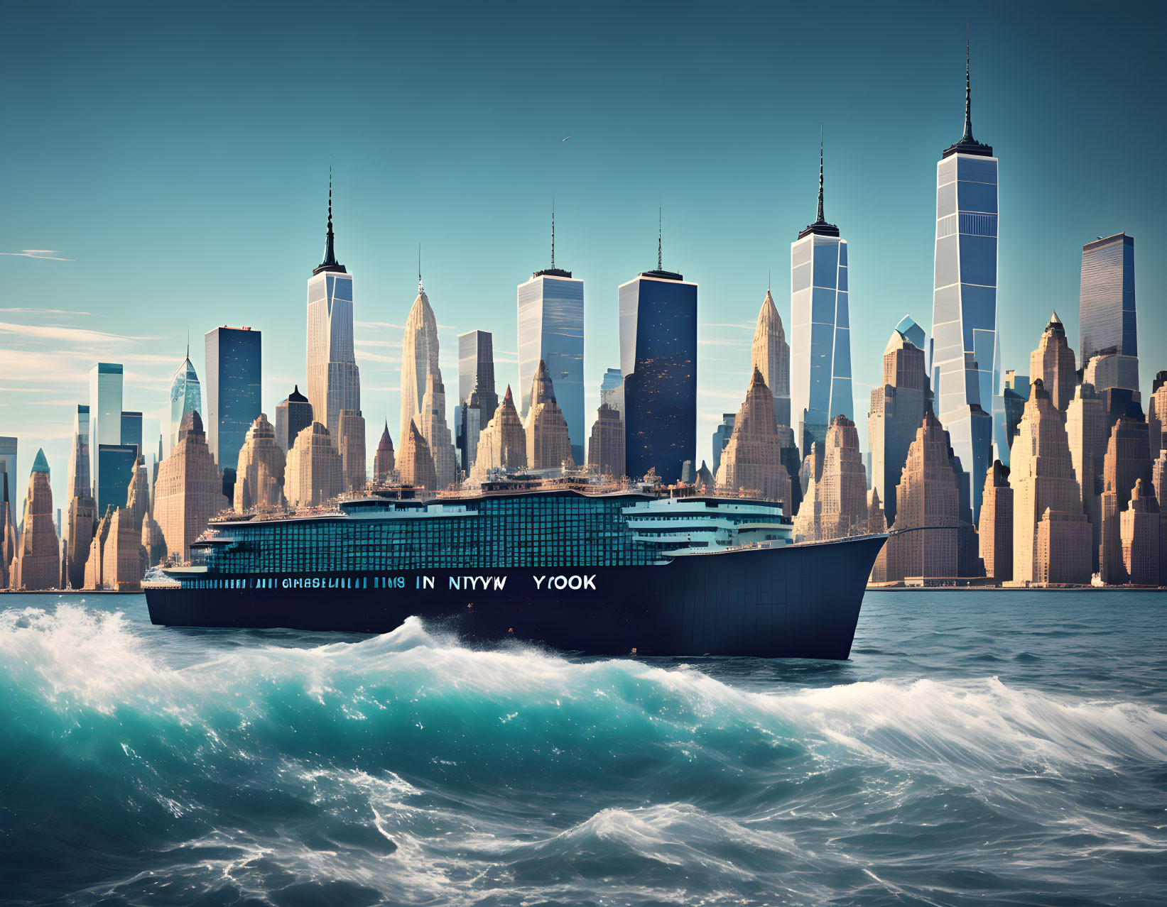 Modern cargo ship with New York cityscape reflected on hull sailing in blue waters