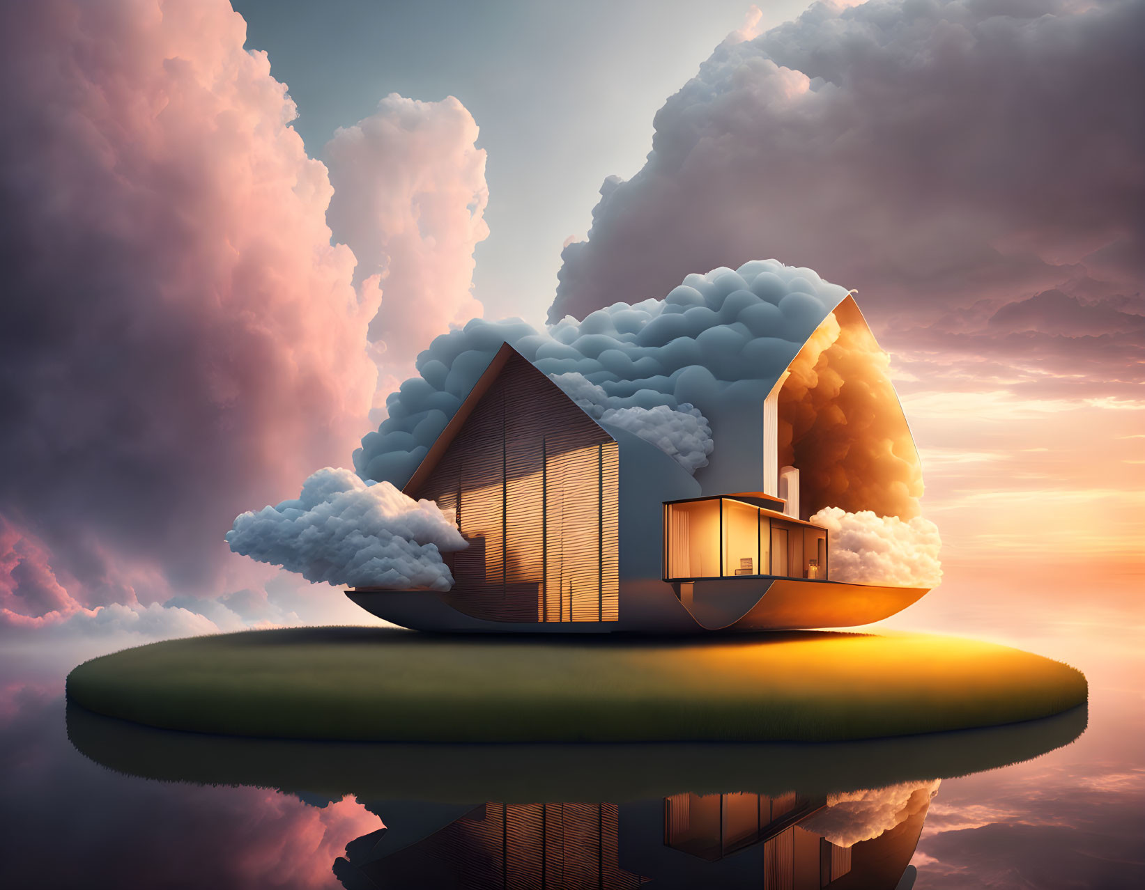 Modern house on floating island surrounded by clouds at sunset