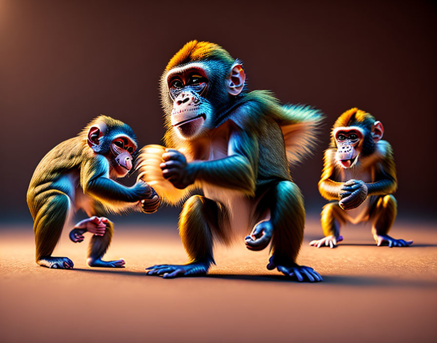 Colorful Stylized Monkeys Interacting Under Warm Lighting