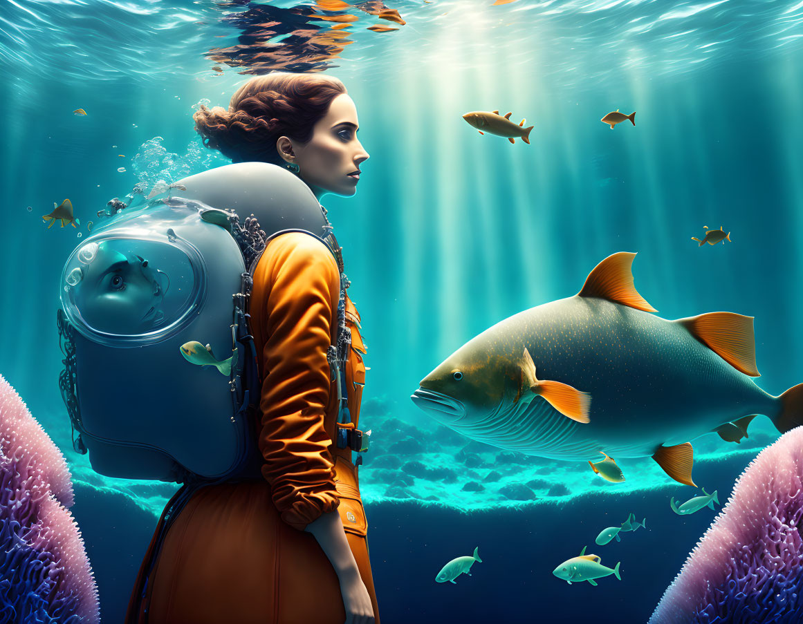 Female Diver in Orange Suit Surrounded by Fish Underwater