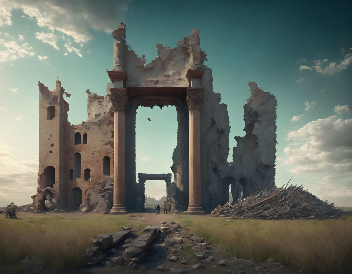 Decaying grand building with archways under cloudy sky