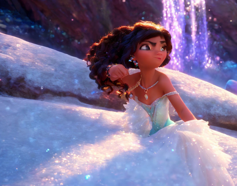 Animated young girl in white dress crouching on icy surface with purple crystals