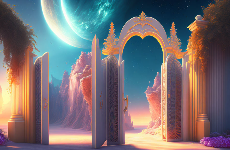 Fantasy landscape with ornate gate, towering rock formations, large moon, and swirling galaxies.