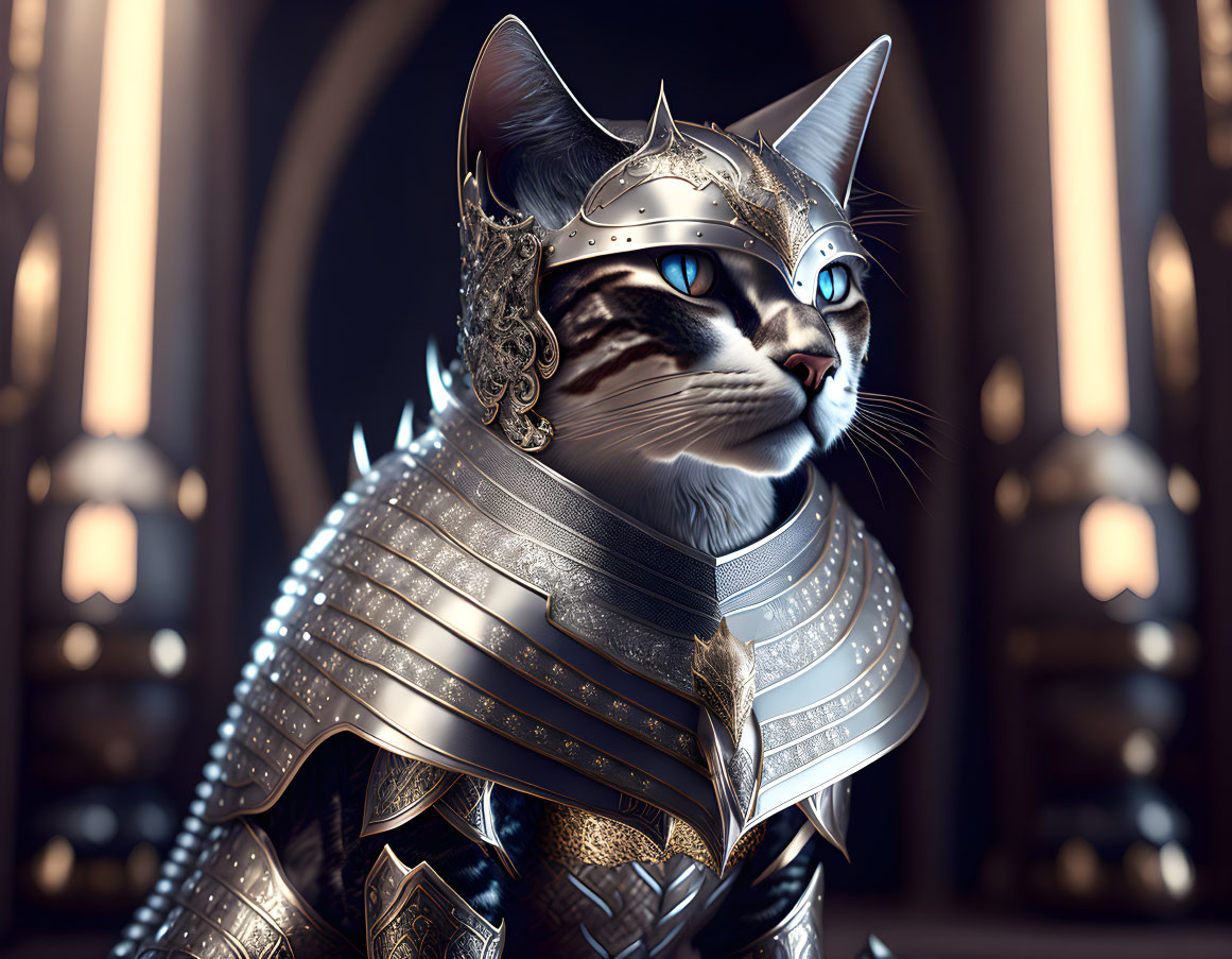 Blue-eyed cat in detailed knight armor in grand hall backdrop