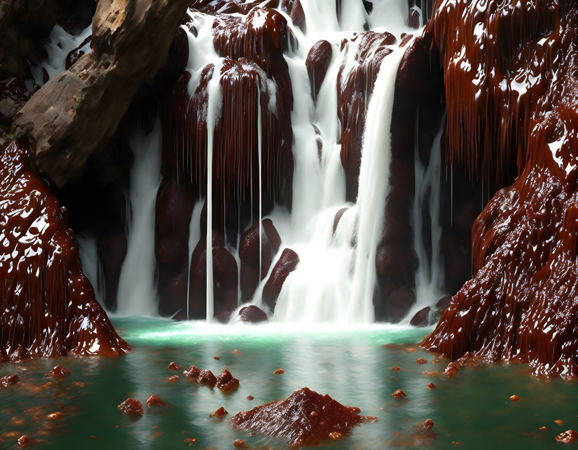 Surreal chocolate-like waterfall cascading into serene green pool