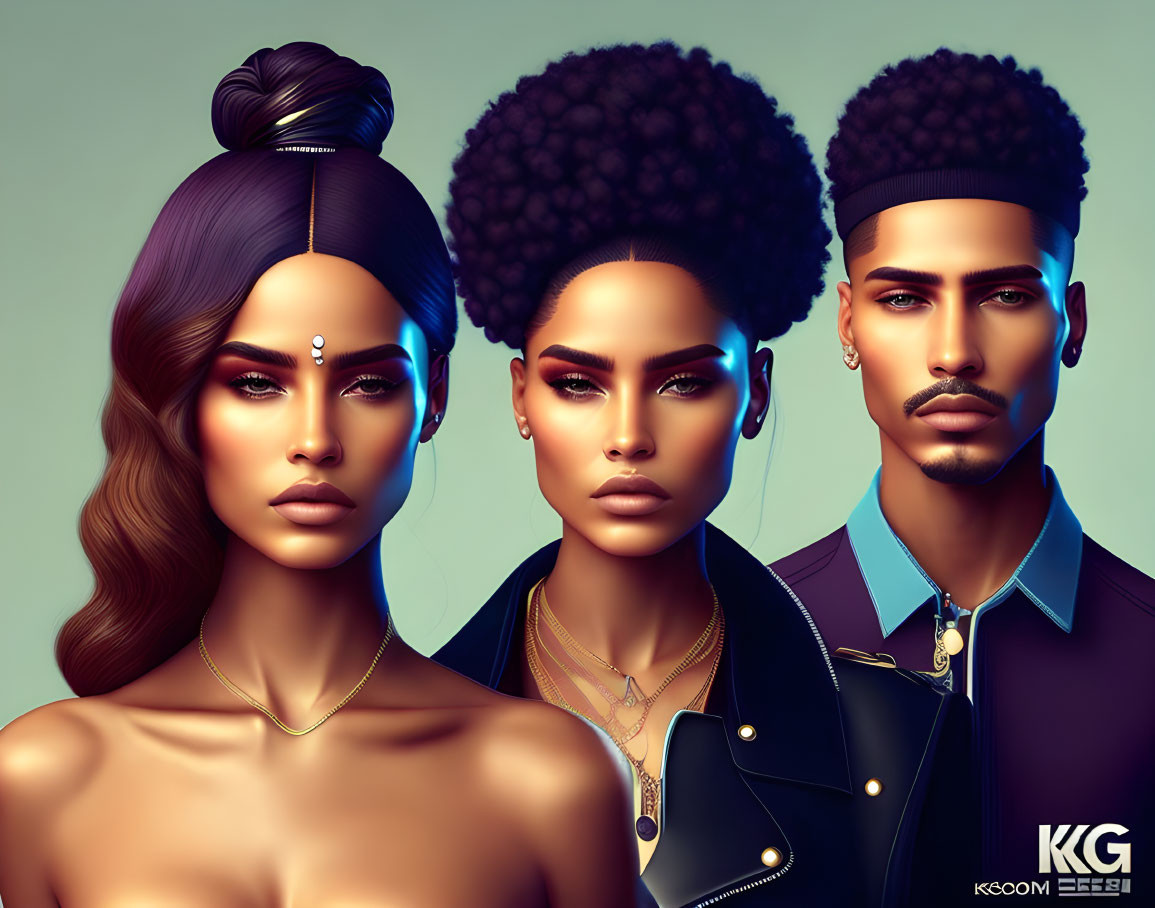 Stylized digital portraits of two females and one male with unique hairstyles and fashion against teal backdrop