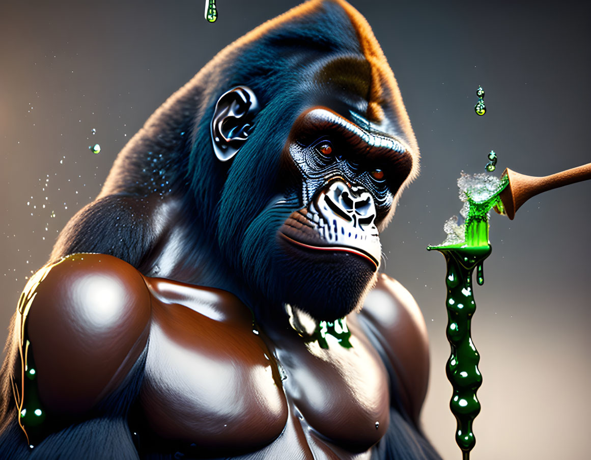 Hyperrealistic gorilla illustration with green liquid splashing from cup