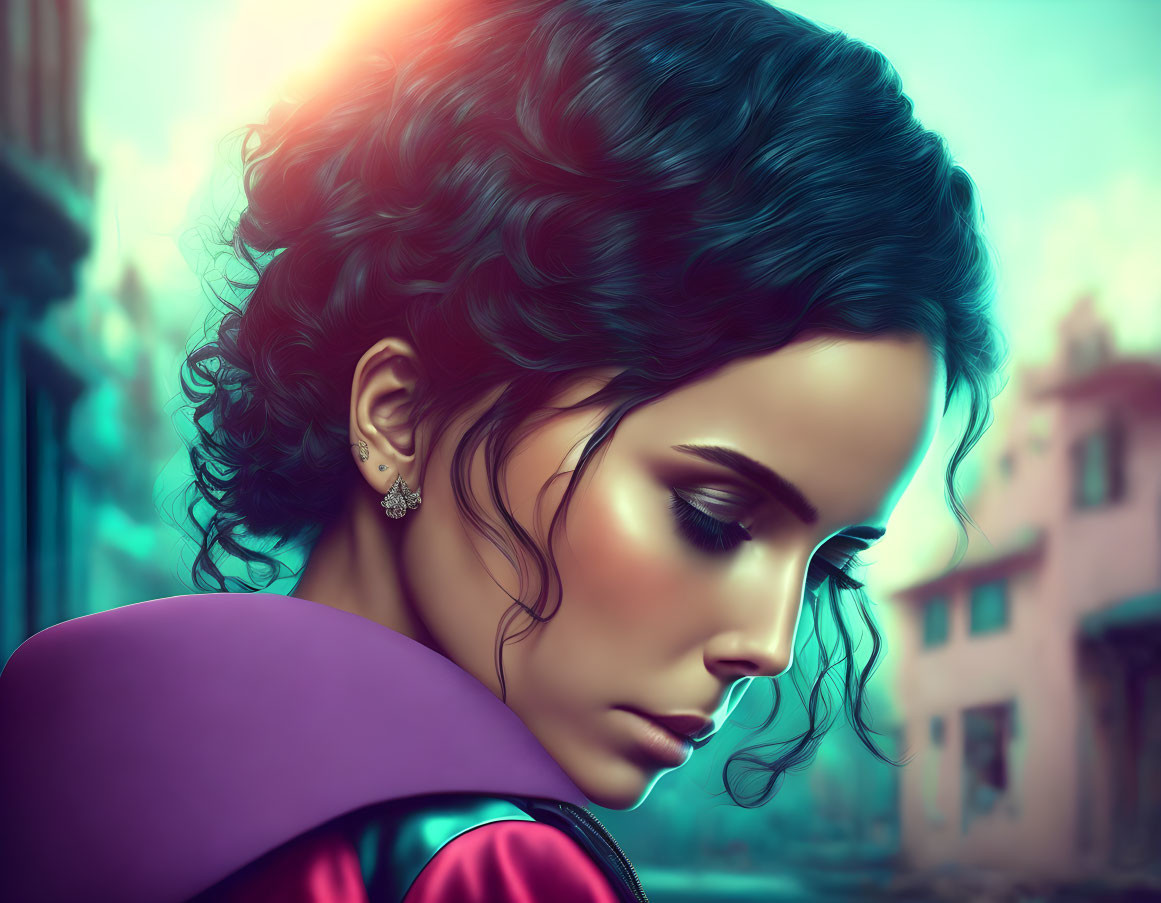 Profile view digital artwork: woman with dark hair and purple cloak in soft glow, city background.