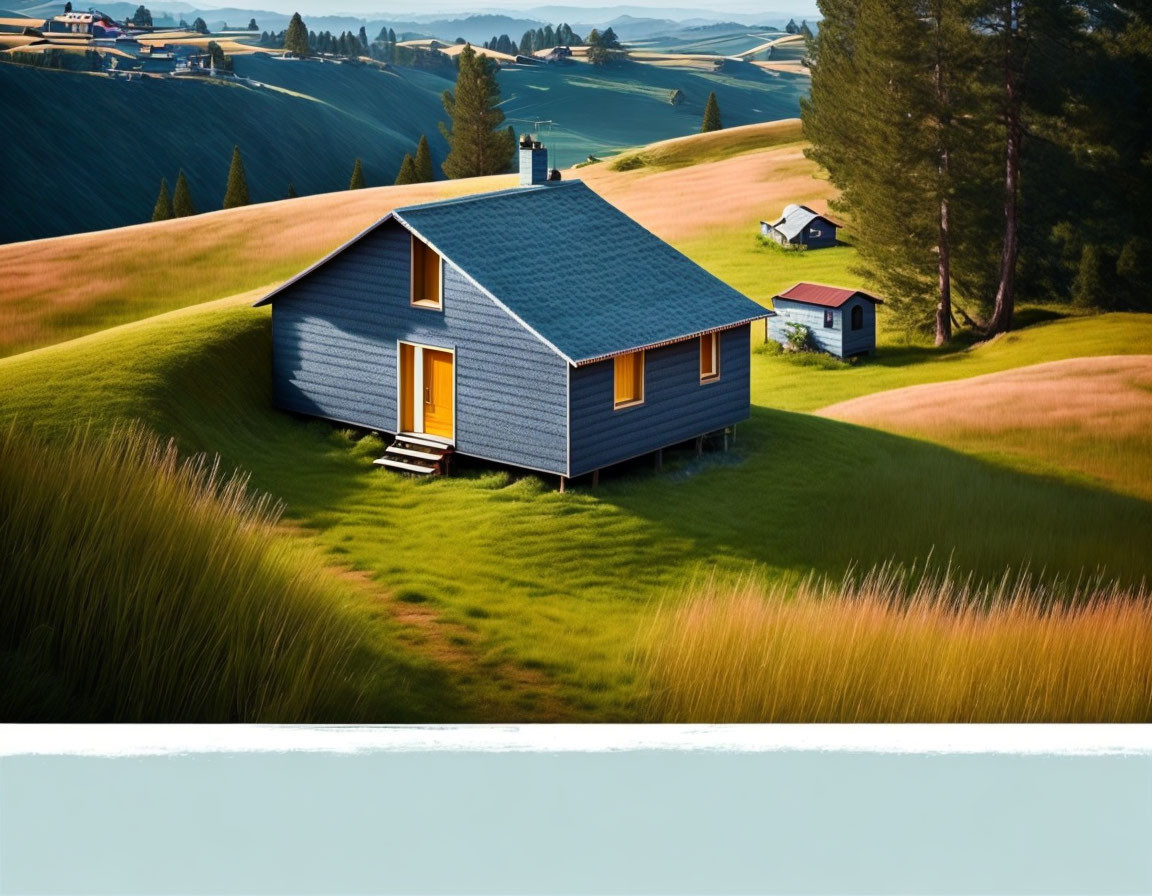 Gray-roofed cabin with orange accents in grassy hill setting