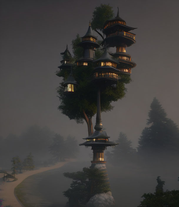 Enchanting multi-tiered treehouse with lanterns in misty forest