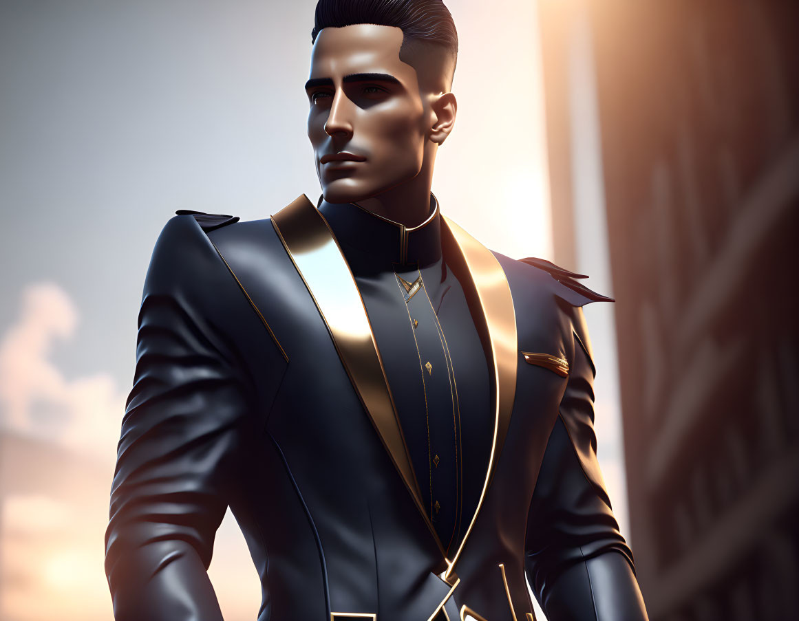 Digital illustration of man in military-style outfit with slicked-back hair in urban setting.