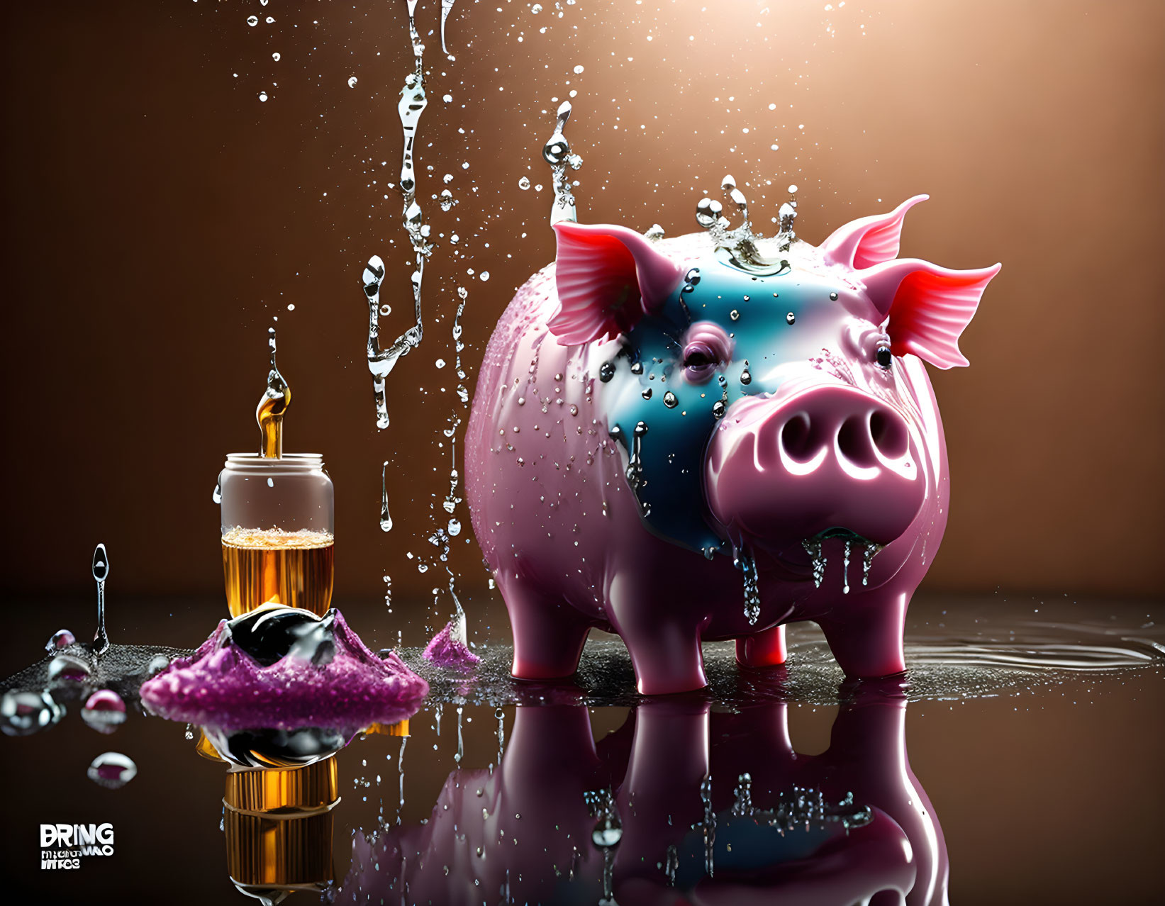 Pink piggy bank with water splash, beer, and sponge on dark background