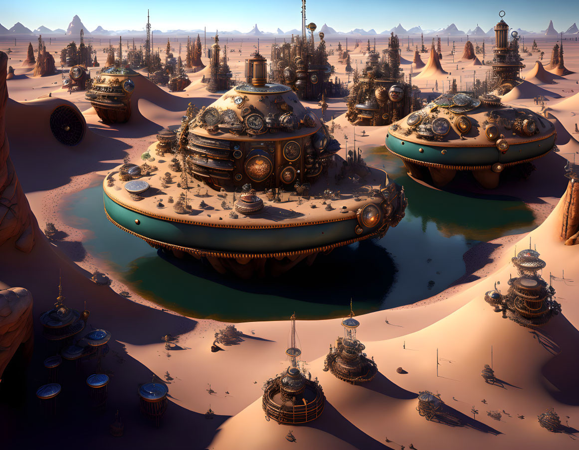 Futuristic desert landscape with dome-like structures and floating platforms