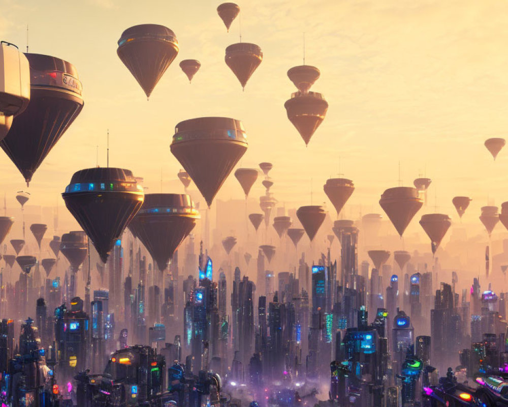 Futuristic cityscape at sunset with towering skyscrapers and floating structures