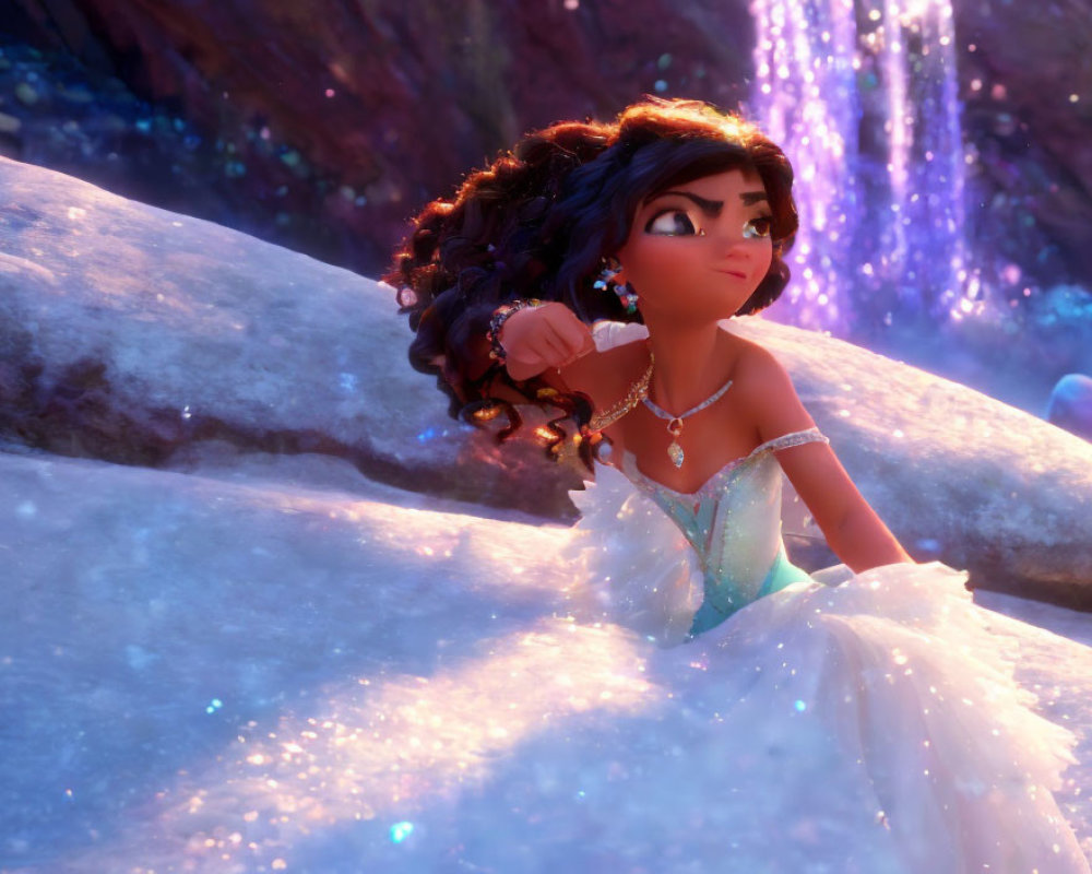 Animated young girl in white dress crouching on icy surface with purple crystals