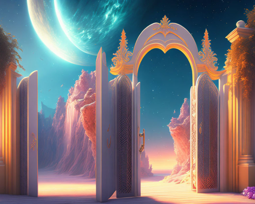 Fantasy landscape with ornate gate, towering rock formations, large moon, and swirling galaxies.