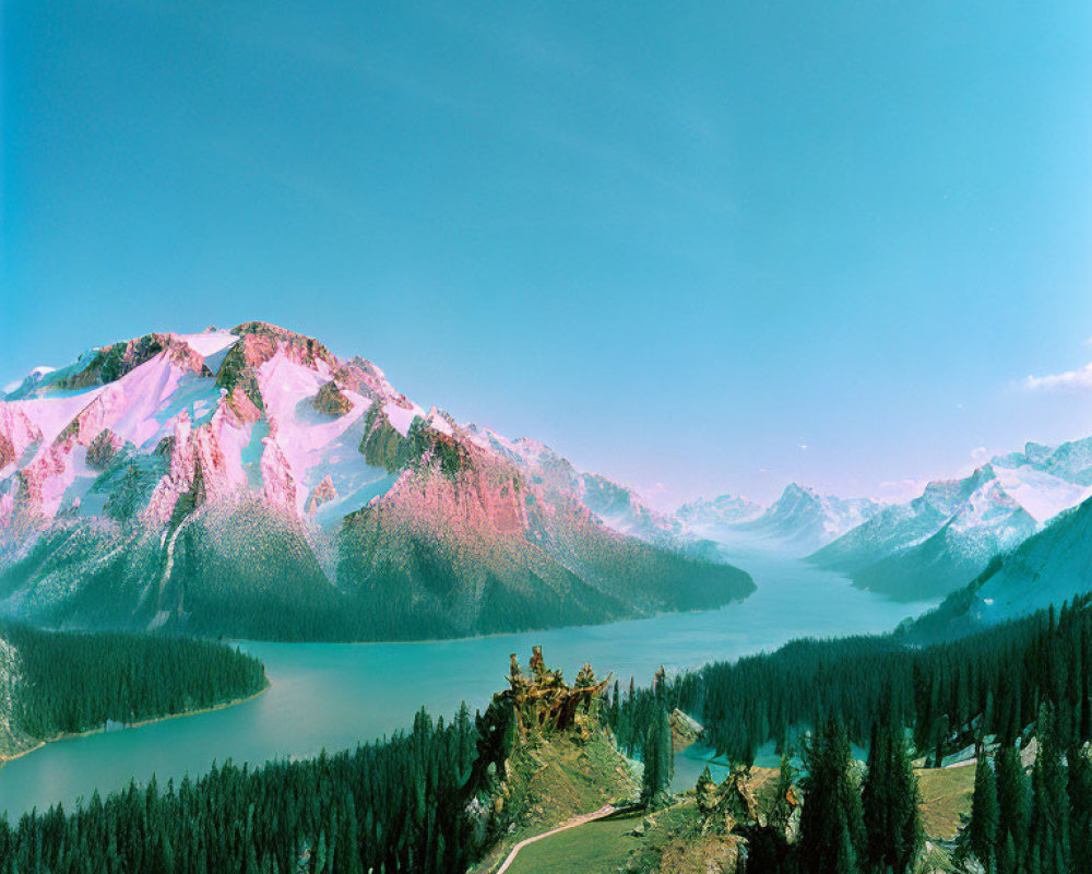 Snow-capped mountains frame a turquoise lake in serene landscape