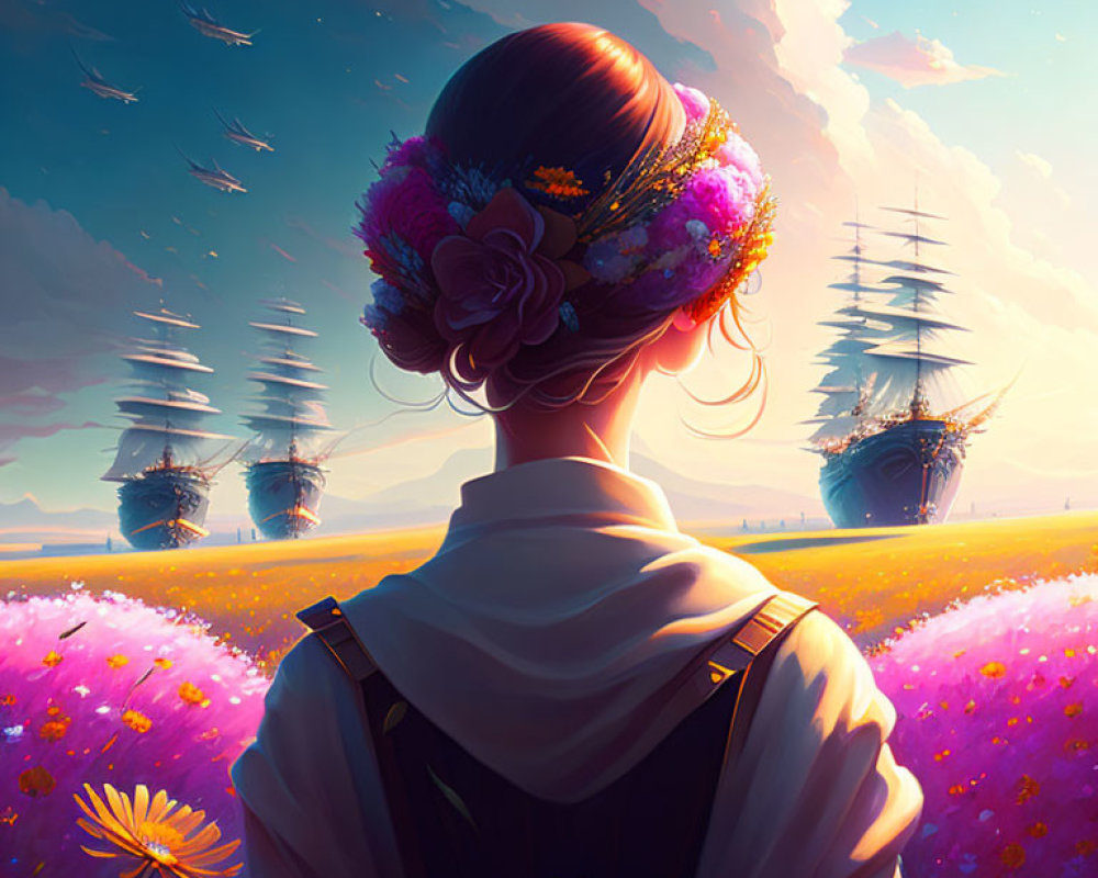 Woman with floral wreath gazing at ships above vibrant flower field