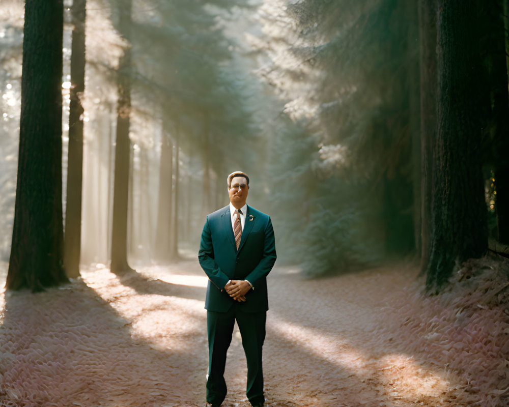 Man in suit on forest path with sunbeams filtering through tall trees