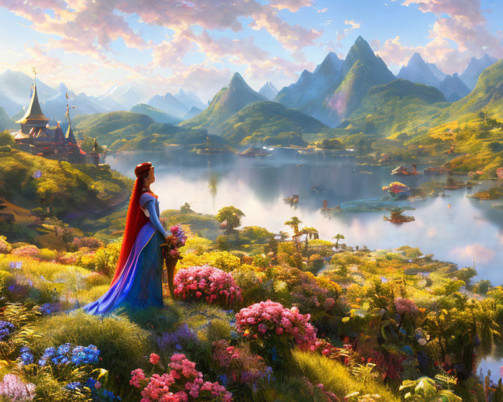 Regal figure in vibrant landscape with serene lake