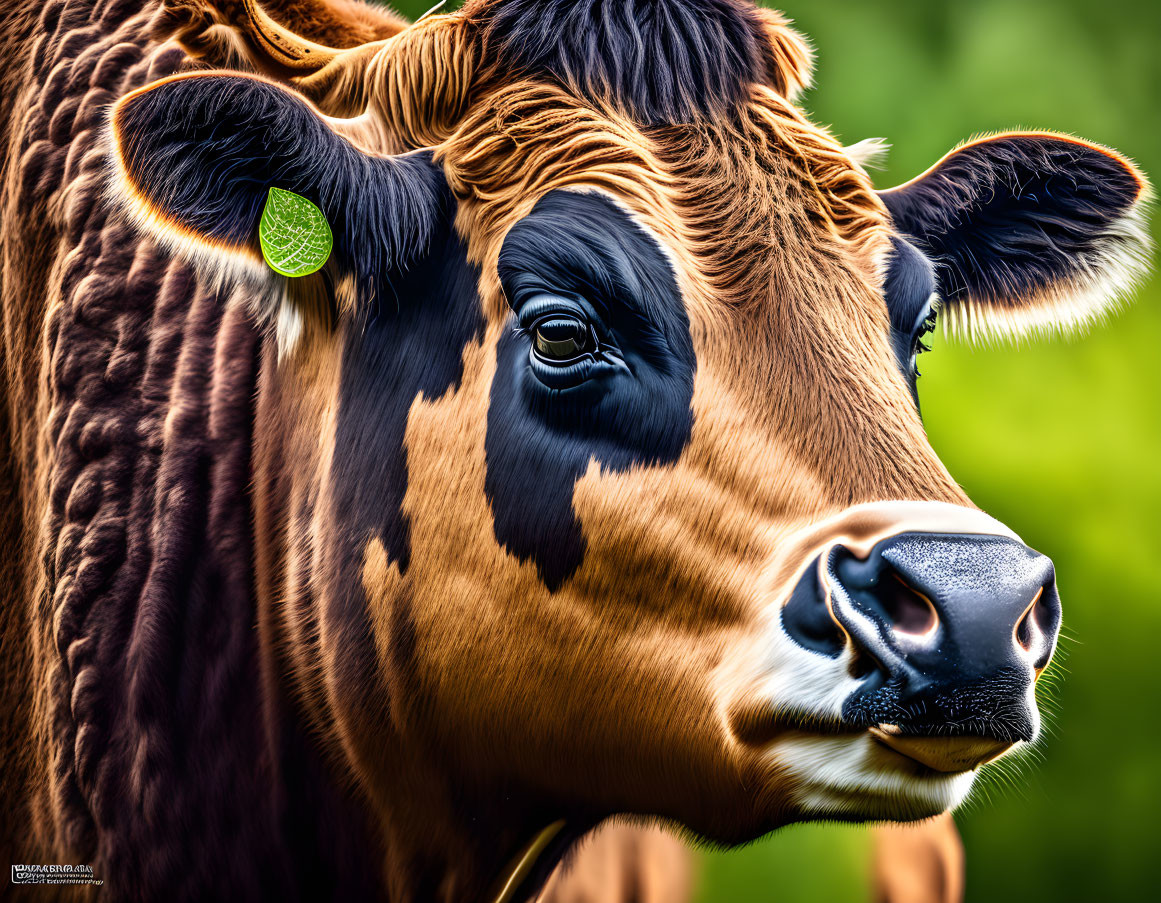 Brown cow with white face marking and green ear tag on blurred green background