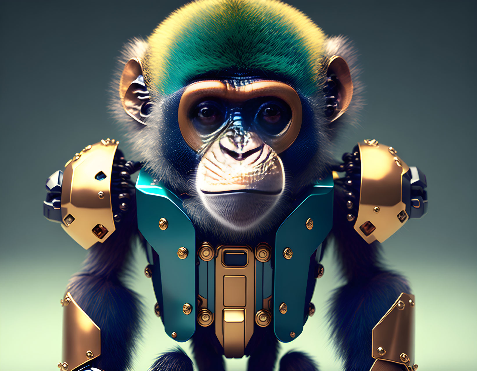 Colorful monkey in futuristic armor staring at viewer