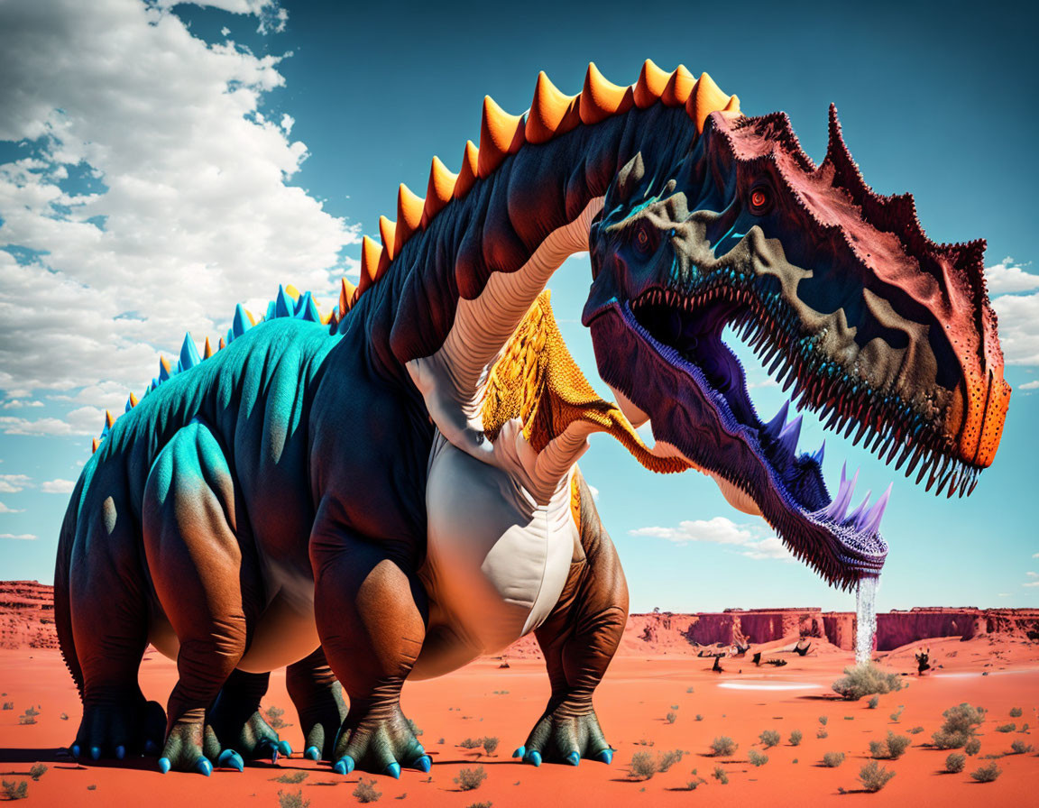Detailed CGI dinosaur in colorful desert landscape