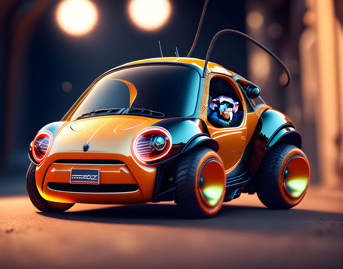 Cartoon-style orange and black car with anthropomorphic features