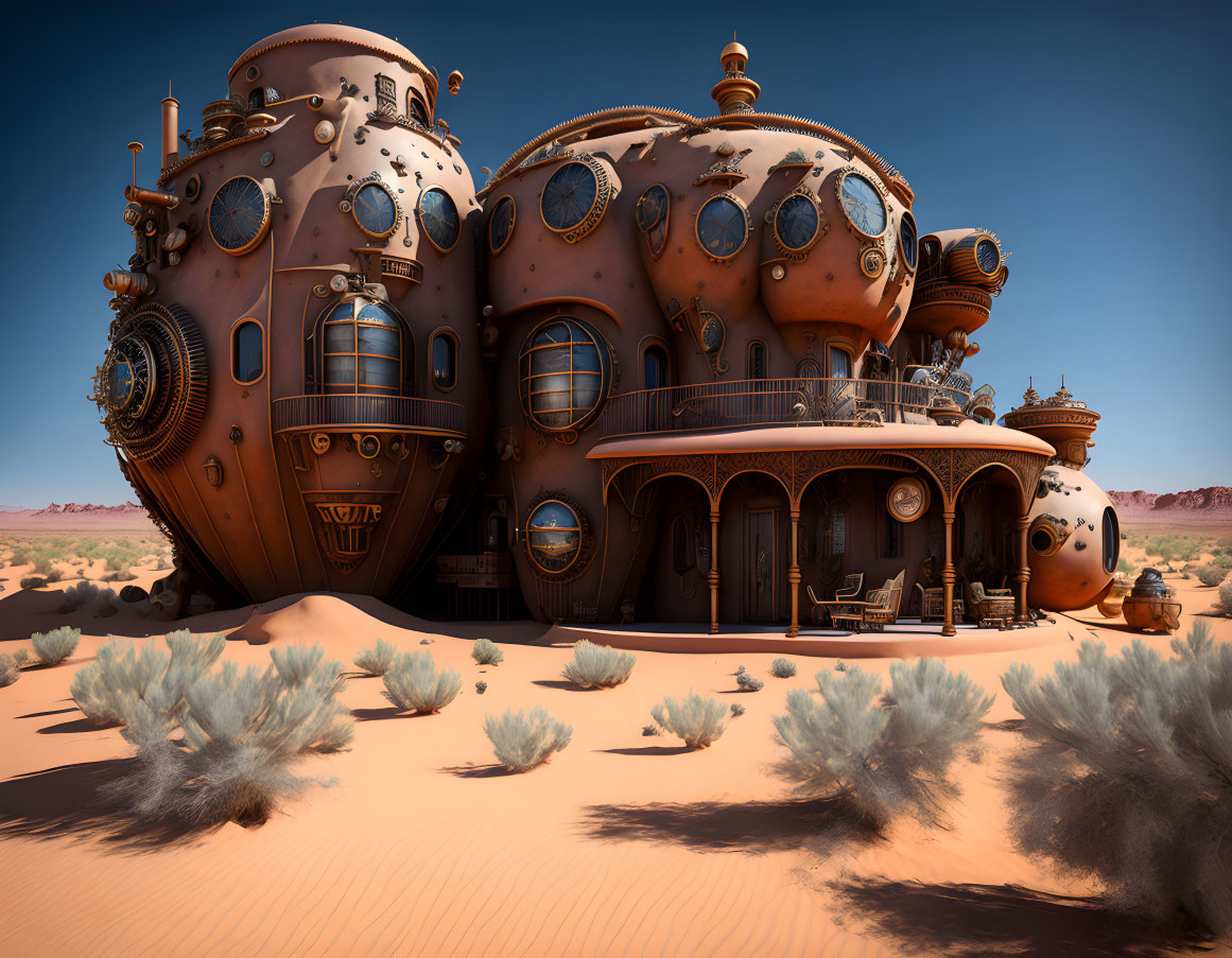 Submarine-inspired Steampunk structure in desert landscape