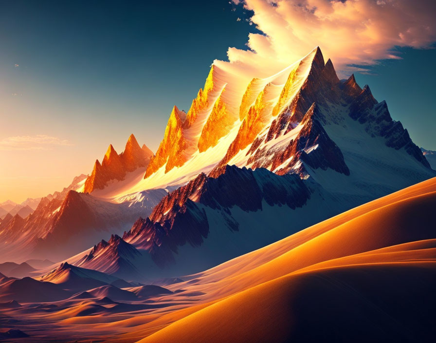 Majestic sunlit mountain peaks and golden desert dunes landscape