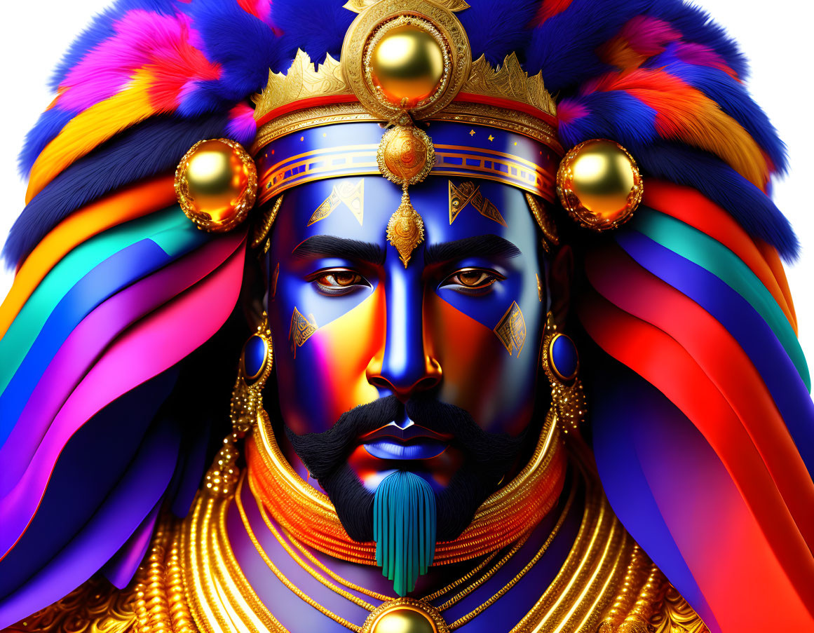 Colorful digital art portrait of regal figure with feathered headdress & golden ornaments.