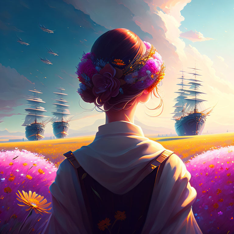 Woman with floral wreath gazing at ships above vibrant flower field