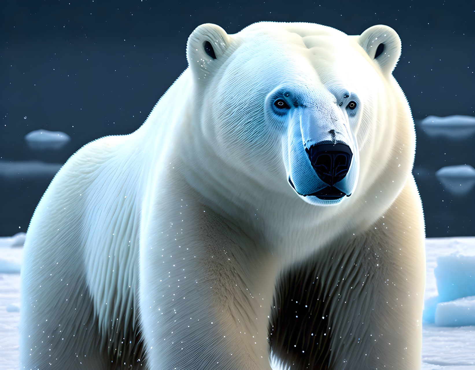 Polar bear under starry night sky in wintry landscape