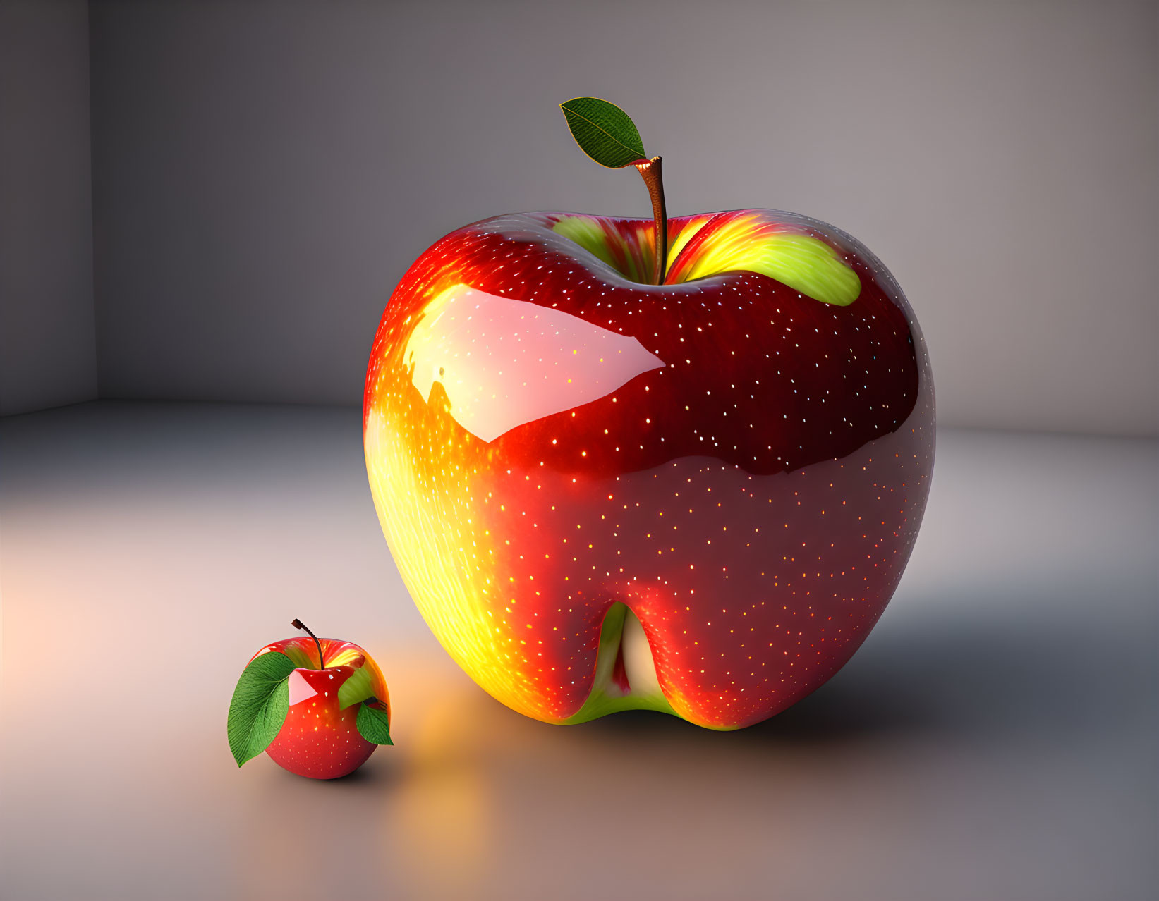 Two Red Apples with Bite Marks on Reflective Surface
