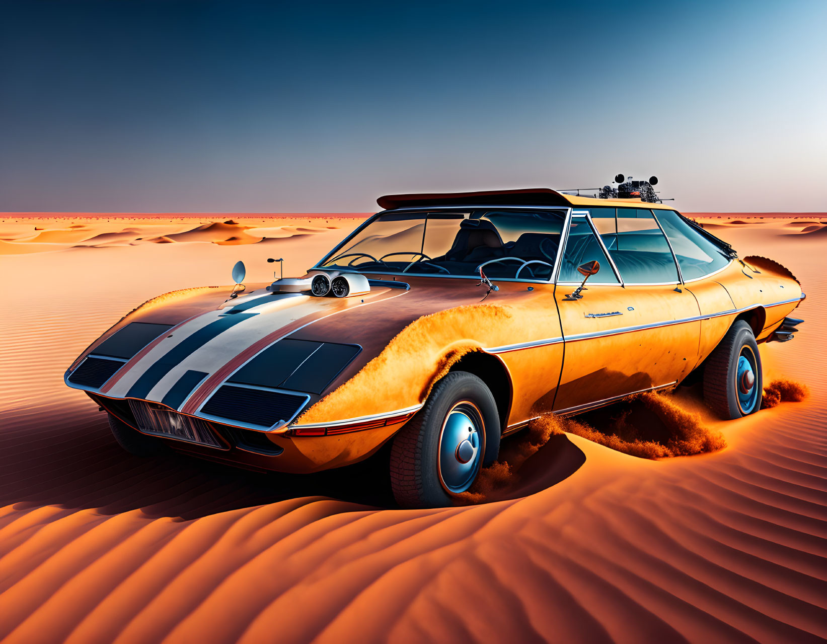 Vintage Orange Sports Car with Racing Stripes and Custom Equipment on Desert Dune
