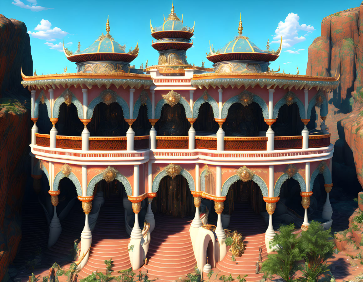 Ornate fantasy palace with domes and arches against red cliffs