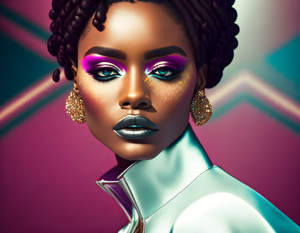 Vibrant purple eyeshadow woman on pink and teal background